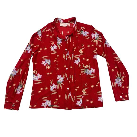 Vintage Donnkenny Shirt Womens 15 / 16 Red Floral Button Up Long Sleeve - Picture 1 of 13